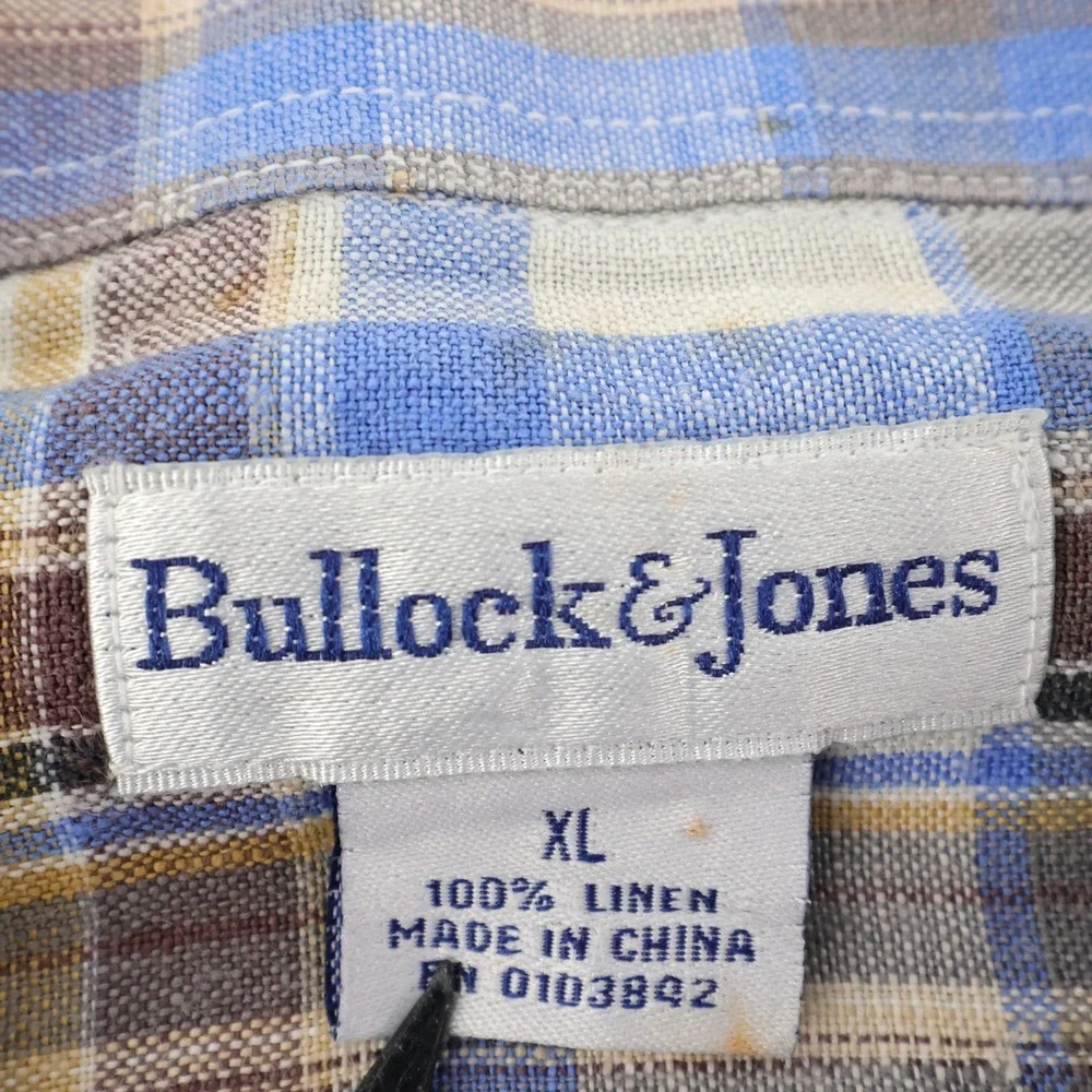 Bullock & Jones 100% Linen‎ Button Up Long Sleeve Shirt Blue Brown Plaid Mens XL